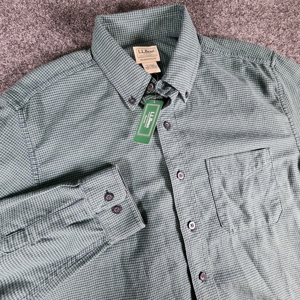NWT LL Bean Wicked Good Long Sleeve Flannel Shirt Houndstooth Green Men's M/Tall